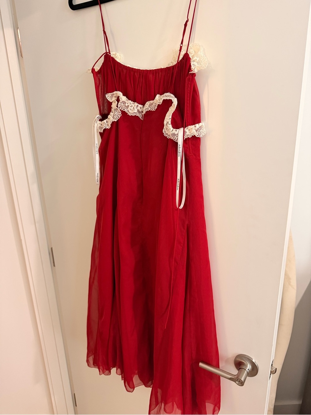 For Love And Lemons Charlotte Midi Red Dress with Cream Lace Trim - Picture 4 of 10